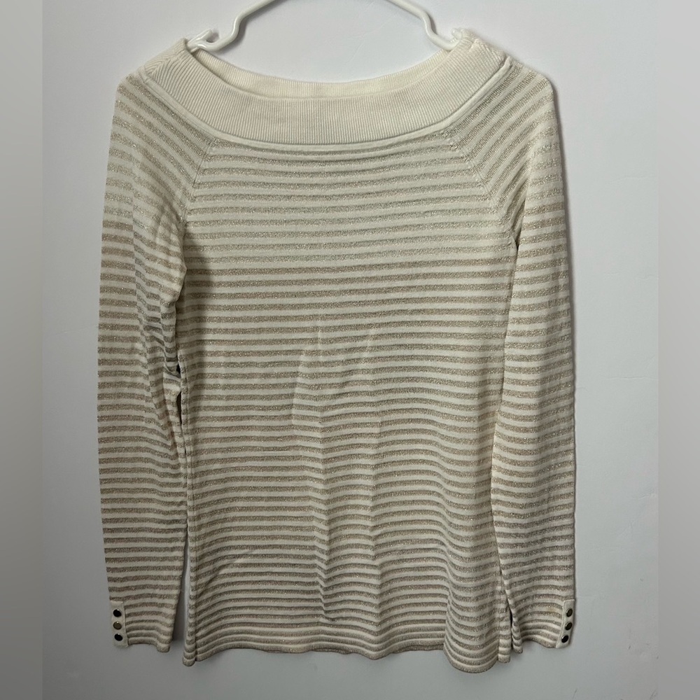 White House Black Market Cream & Gold Striped Sweater buttons on sleeve S flaws - Picture 1 of 5